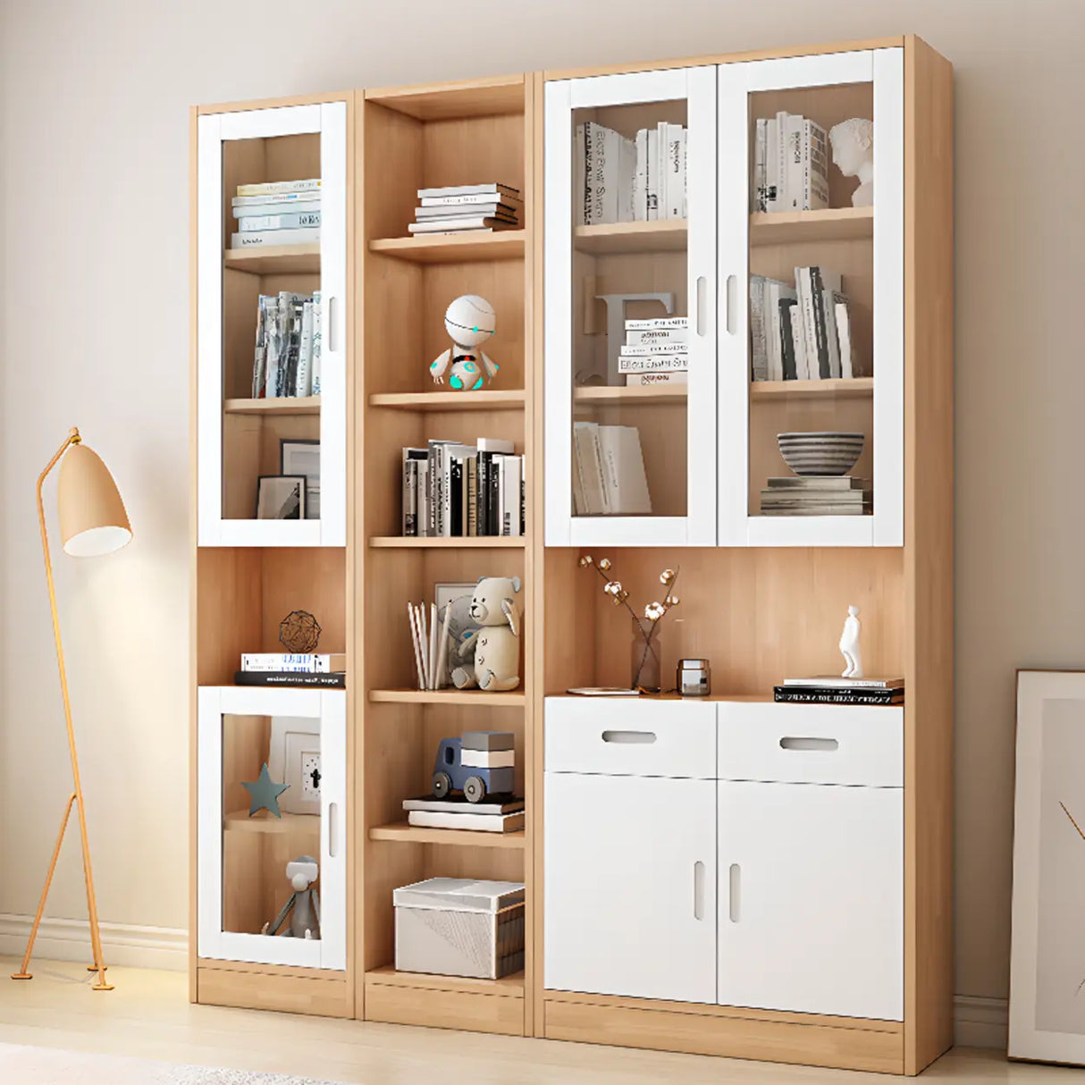 French Style Glass Doors Closed Back Wood Tall Bookcase Image - 6