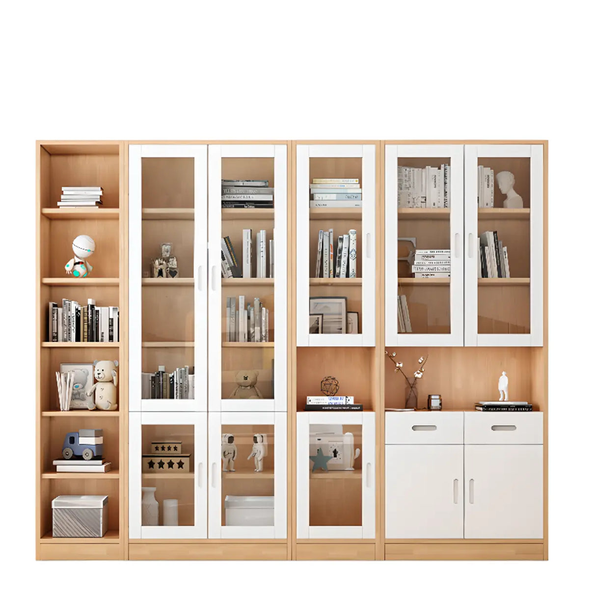 French Style Glass Doors Closed Back Wood Tall Bookcase Image - 9