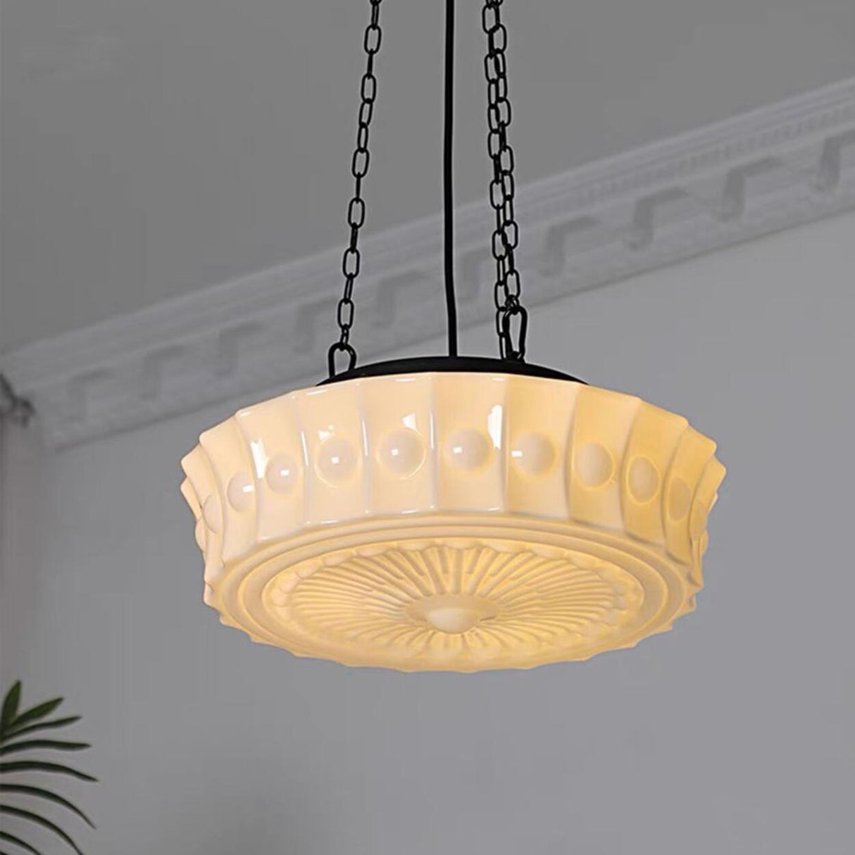 French Vintage White Glass Ceramic Cylinder Chandelier Image - 4