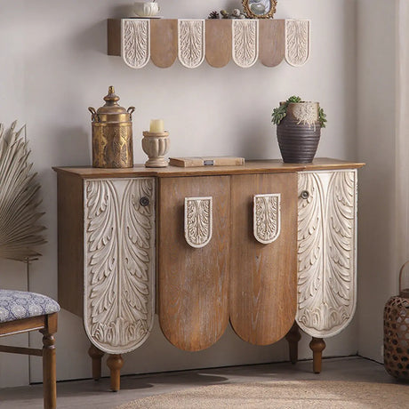French Vintage Wood Embossed Entryway Console Table with Storage Image - 1
