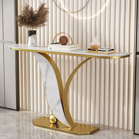Functional Half Circle Marble Gold Base Console Table Image - 1