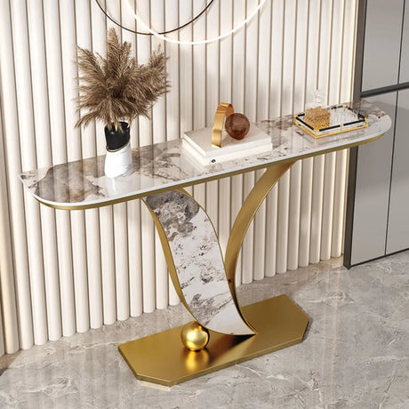Functional Half Circle Marble Gold Base Console Table Image - 2