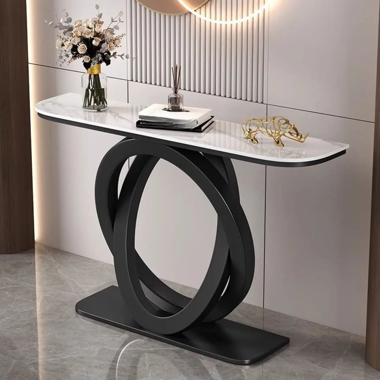 Geometric Half-Circle Sintered Stone Black Hall Console Table