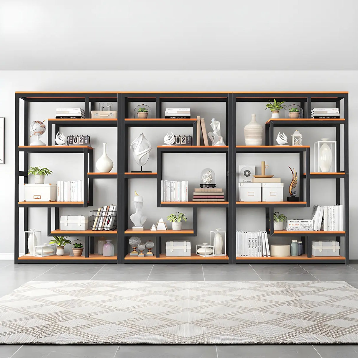 Geometric Metal Wood Black Large Open Back Bookcase Image - 15