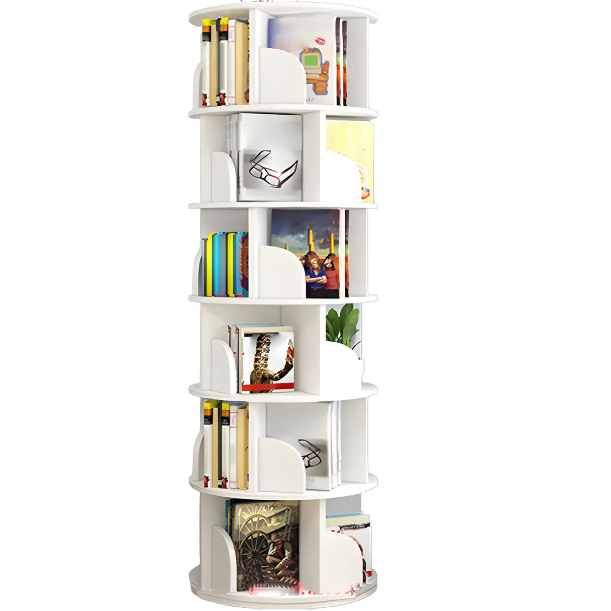 Geometric Vertical Wood Modern Rotatable Round Bookcase Image - 10