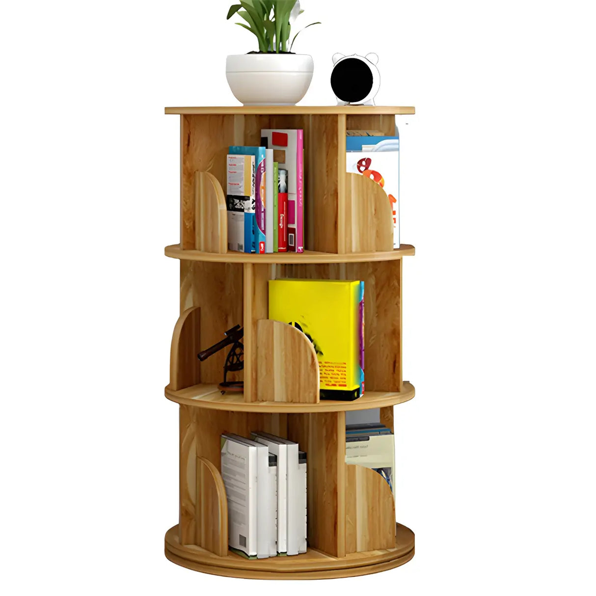 Geometric Vertical Wood Modern Rotatable Round Bookcase Image - 12