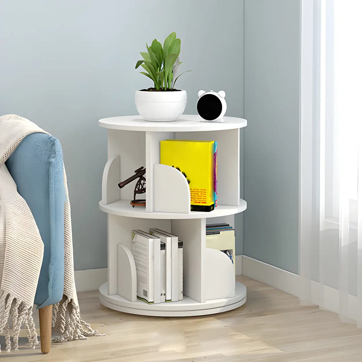 Geometric Vertical Wood Modern Rotatable Round Bookcase Image - 1