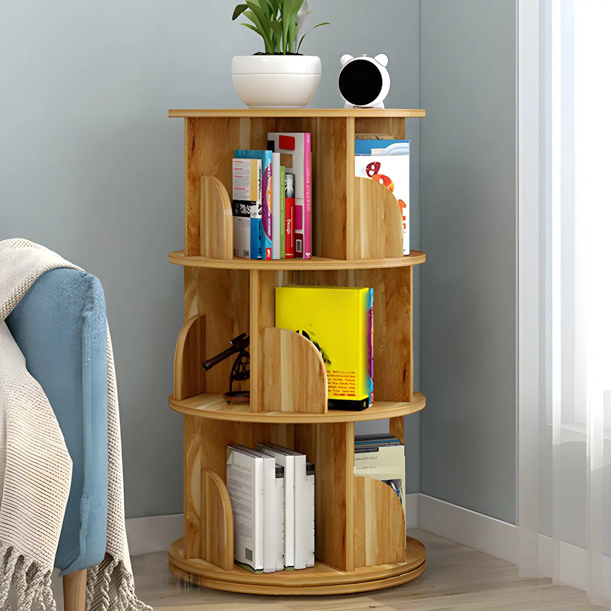 Geometric Vertical Wood Modern Rotatable Round Bookcase Image - 20