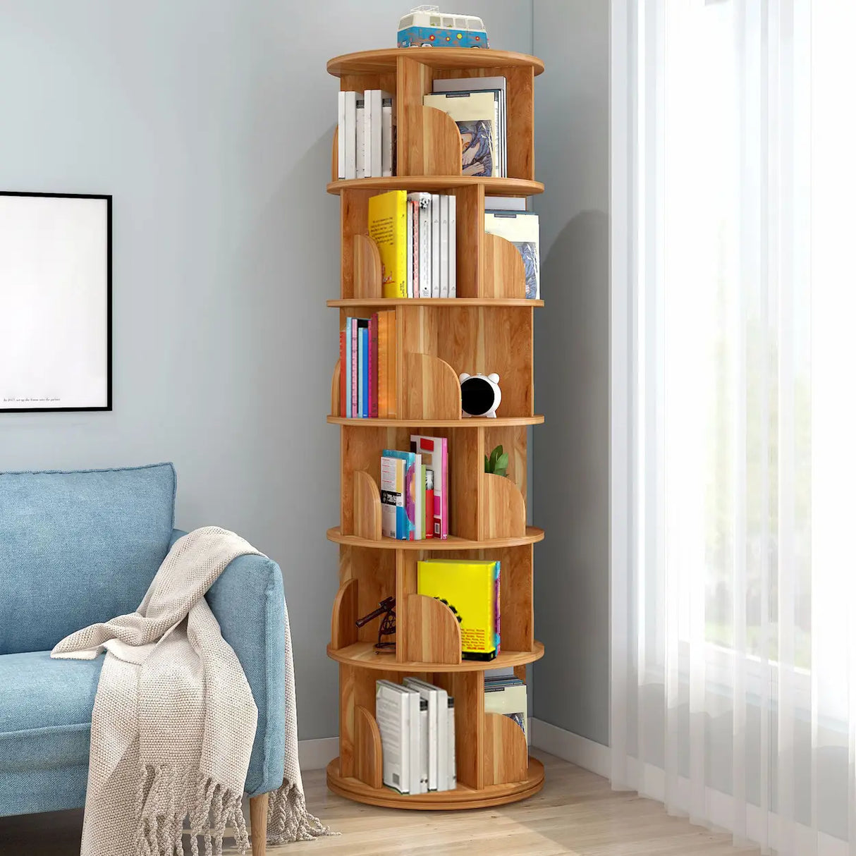 Geometric Vertical Wood Modern Rotatable Round Bookcase Image - 21
