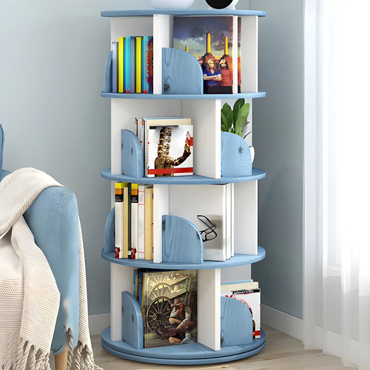 Geometric Vertical Wood Modern Rotatable Round Bookcase Image - 23