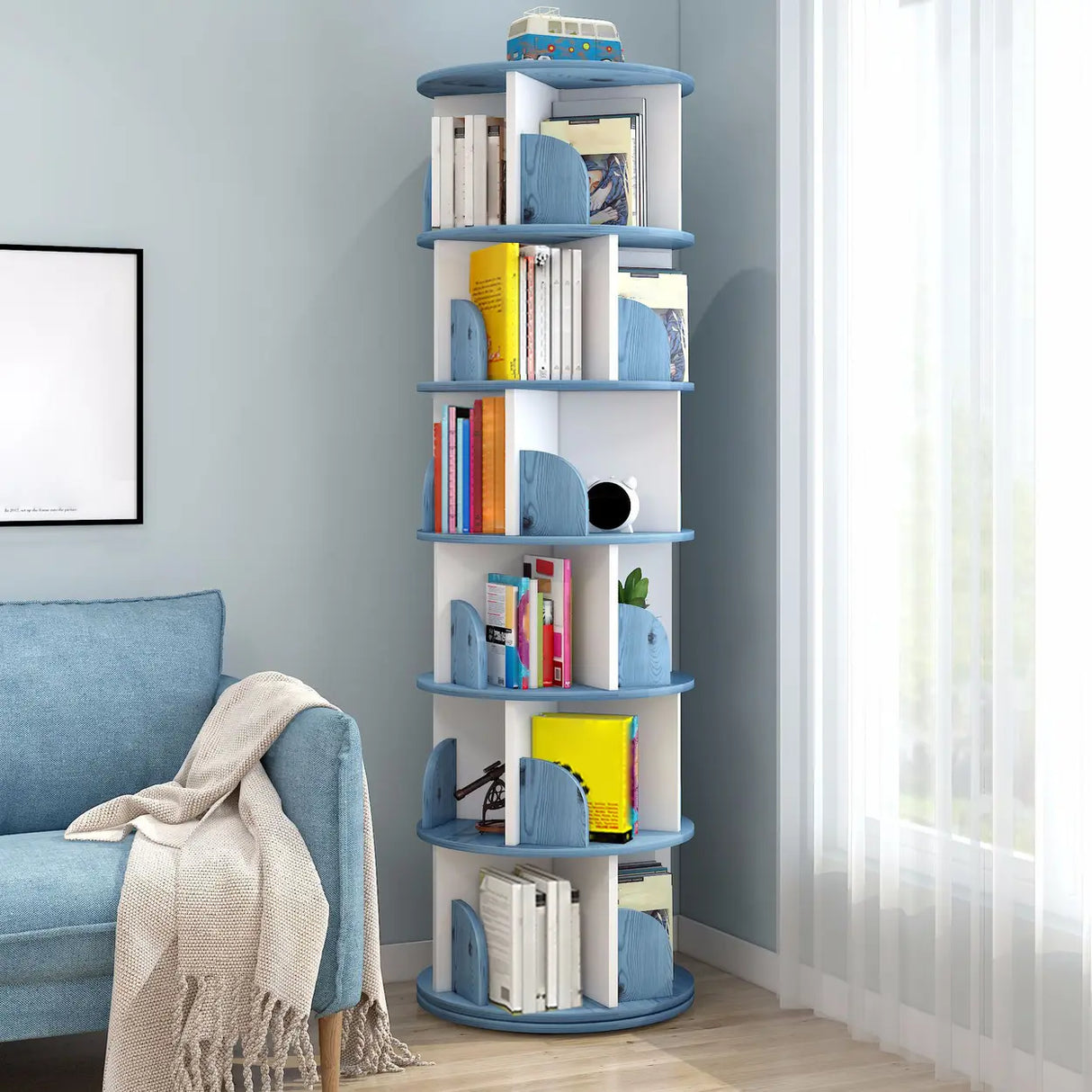 Geometric Vertical Wood Modern Rotatable Round Bookcase Image - 24