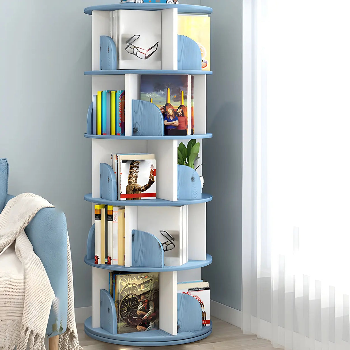 Geometric Vertical Wood Modern Rotatable Round Bookcase Image - 25