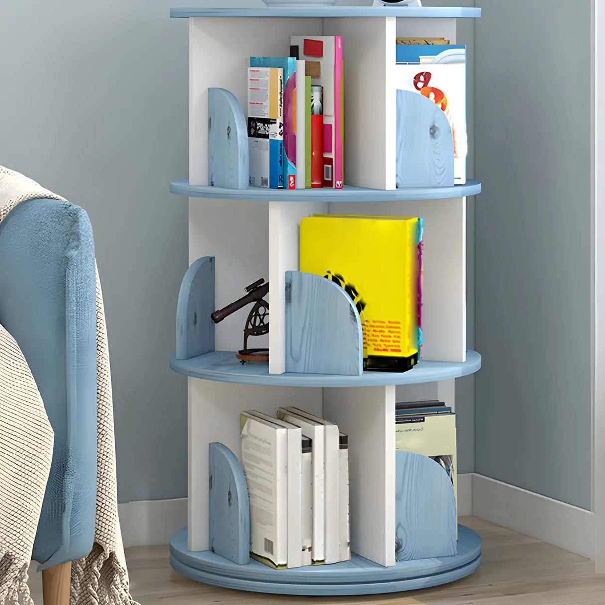 Geometric Vertical Wood Modern Rotatable Round Bookcase Image - 26