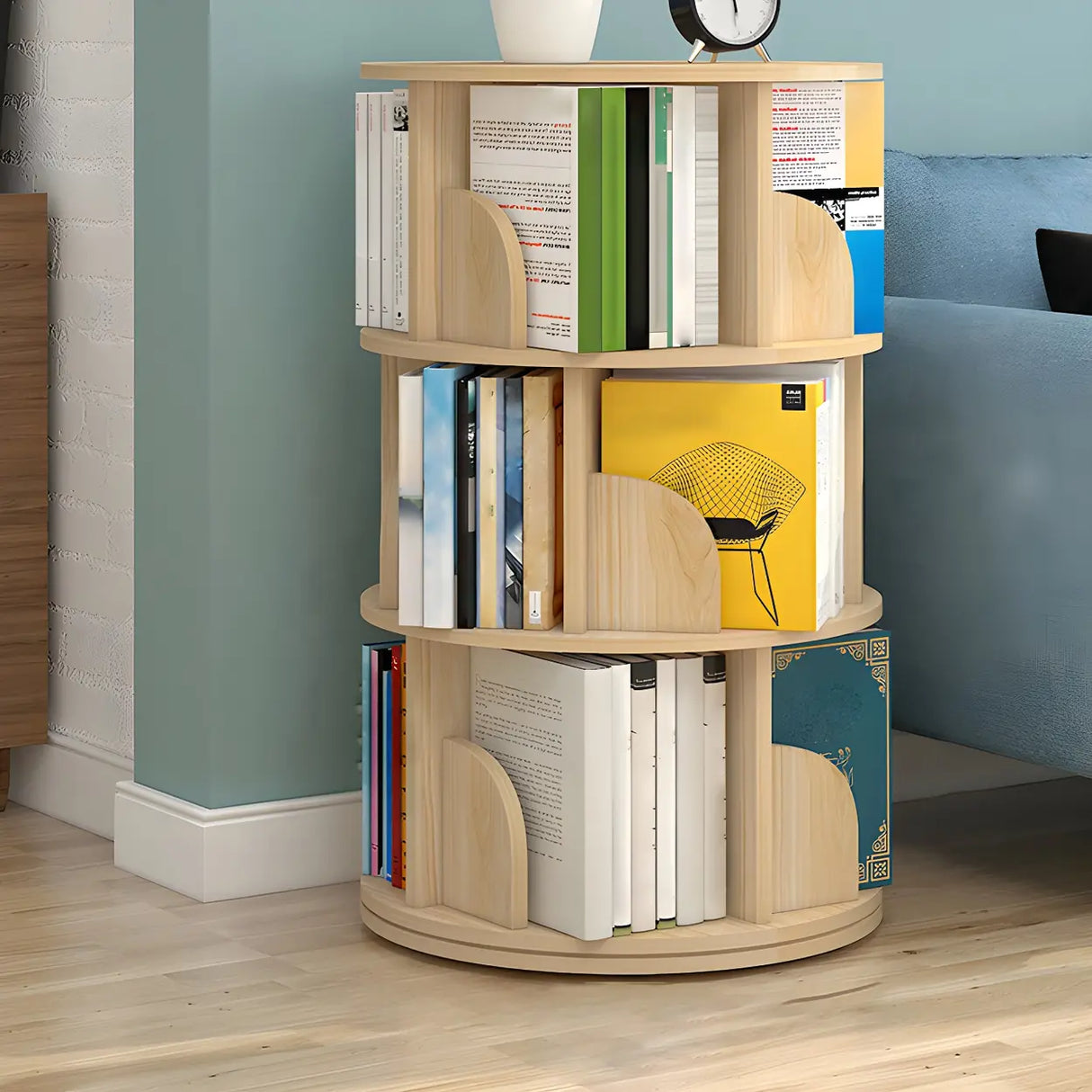 Geometric Vertical Wood Modern Rotatable Round Bookcase Image - 27