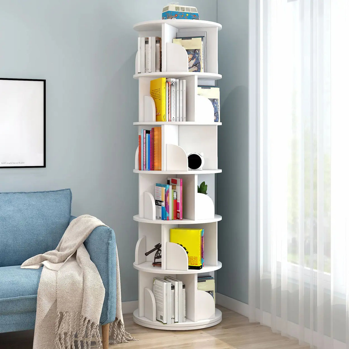 Geometric Vertical Wood Modern Rotatable Round Bookcase Image - 29