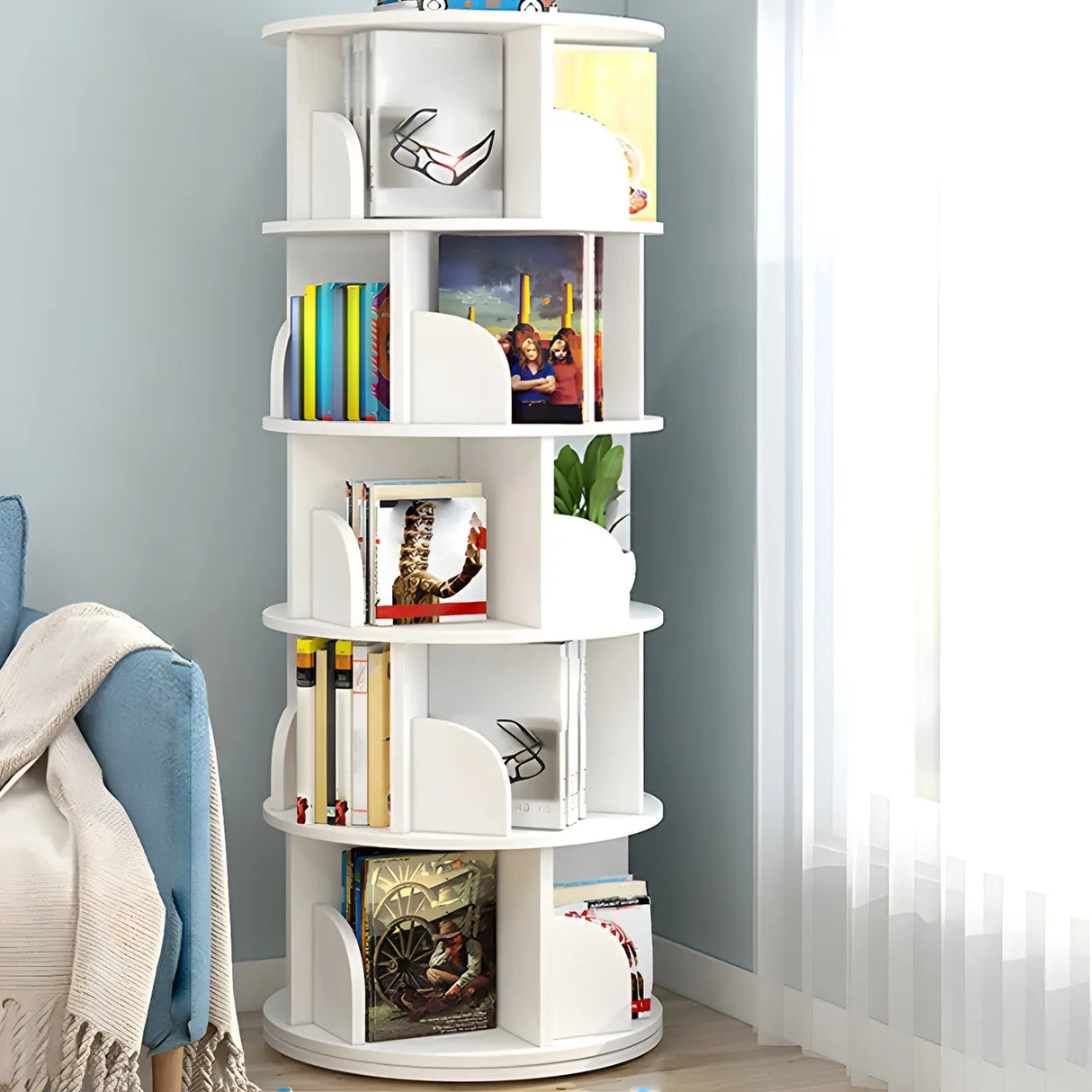 Geometric Vertical Wood Modern Rotatable Round Bookcase Image - 30