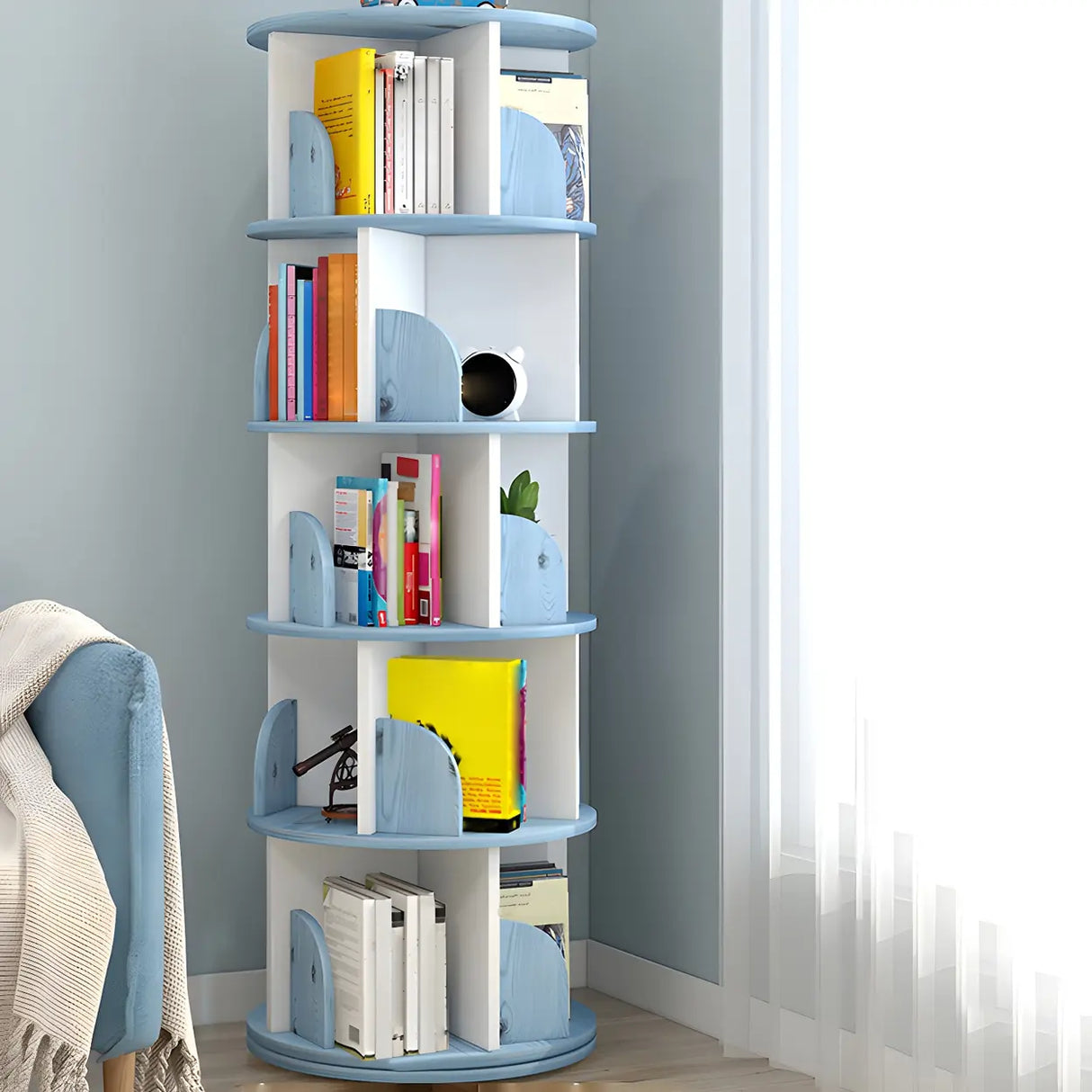 Geometric Vertical Wood Modern Rotatable Round Bookcase Image - 32