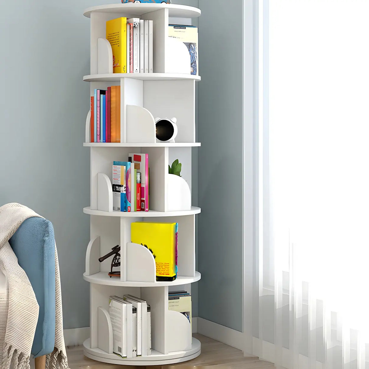 Geometric Vertical Wood Modern Rotatable Round Bookcase Image - 33