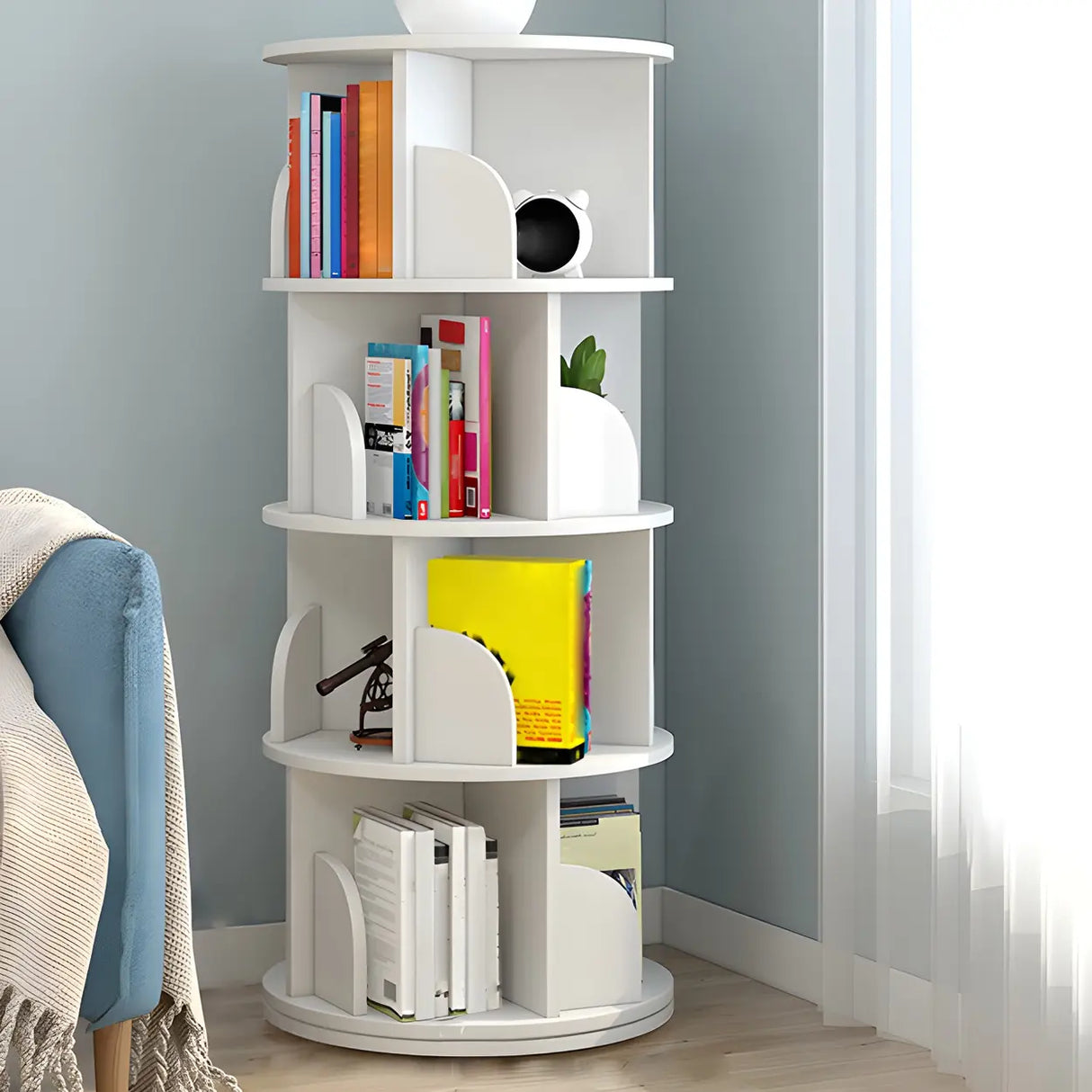 Geometric Vertical Wood Modern Rotatable Round Bookcase Image - 34