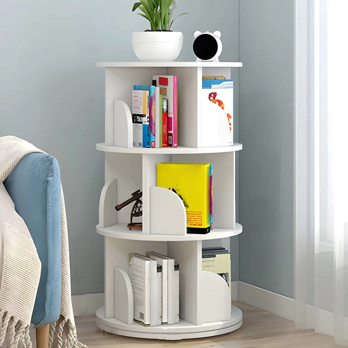 Geometric Vertical Wood Modern Rotatable Round Bookcase Image - 4