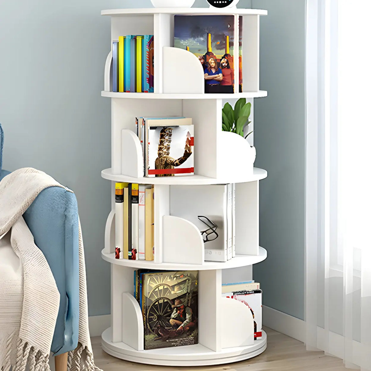 Geometric Vertical Wood Modern Rotatable Round Bookcase Image - 5