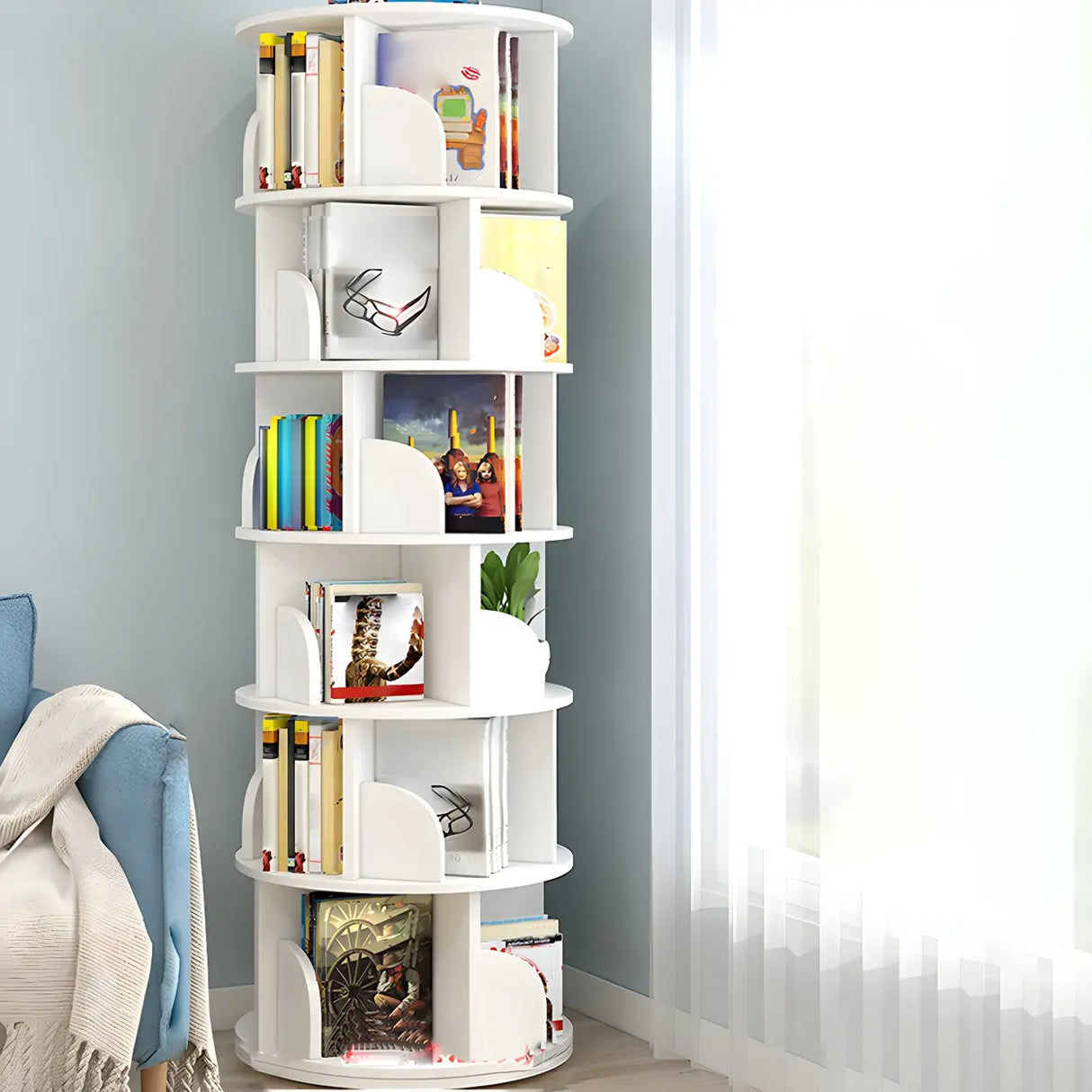 Geometric Vertical Wood Modern Rotatable Round Bookcase Image - 7