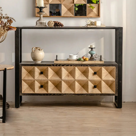 Geometric Wood Black Console Table with Storage Drawers Image - 2