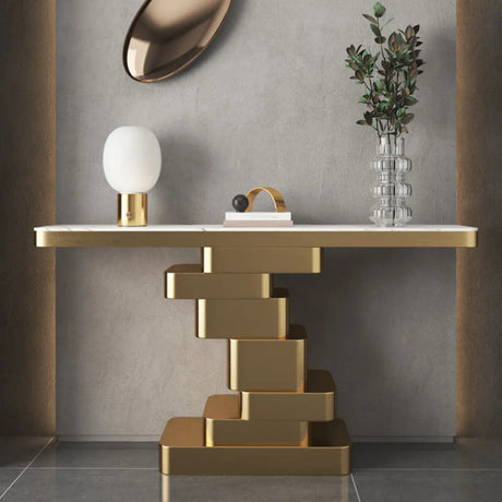 Glam Abstract Gold Metal Console Table with Stone Top Image - 1