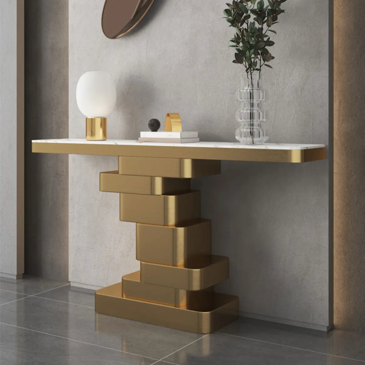 Glam Abstract Gold Metal Console Table with Stone Top Image - 3