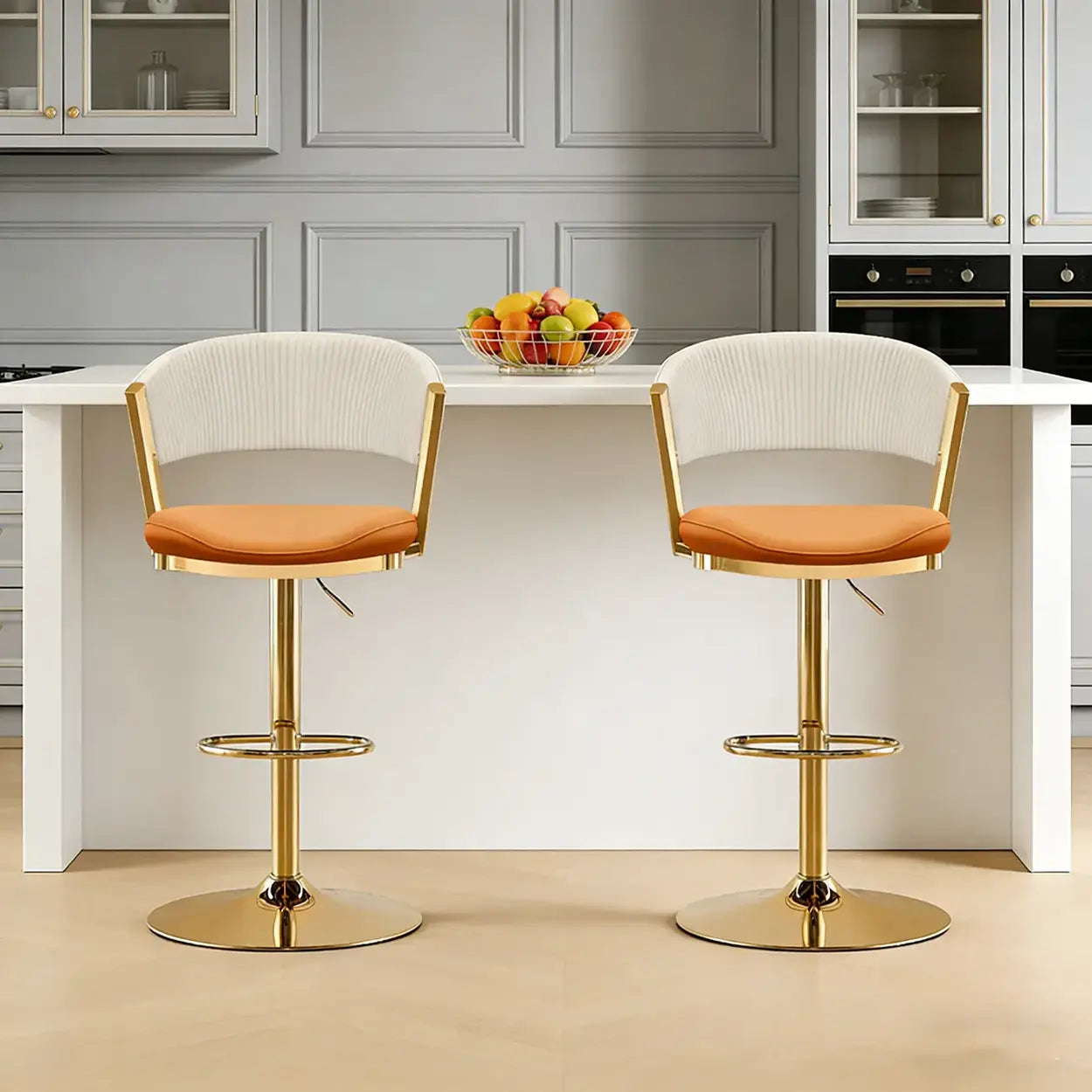 Grey/Orange 2 Pieces Glam Adjustable Faux Leather Swivel Open Back Bar Stool Image - 12