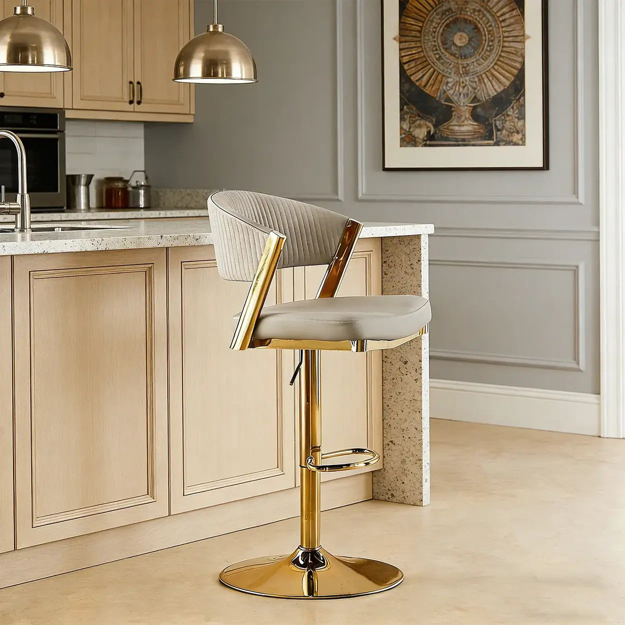 Grey 1 Piece Glam Adjustable Faux Leather Swivel Open Back Bar Stool Image - 5