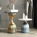 Glam Art Deco Patterned Metal Pedestal Round Side Table Image - 3