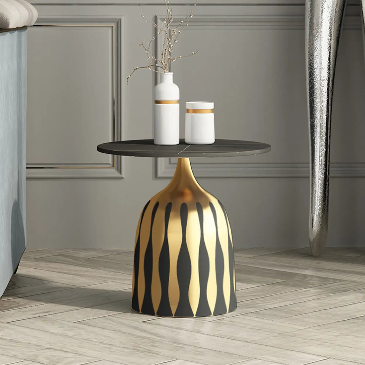 Glam Art Deco Patterned Metal Pedestal Round Side Table Image - 5