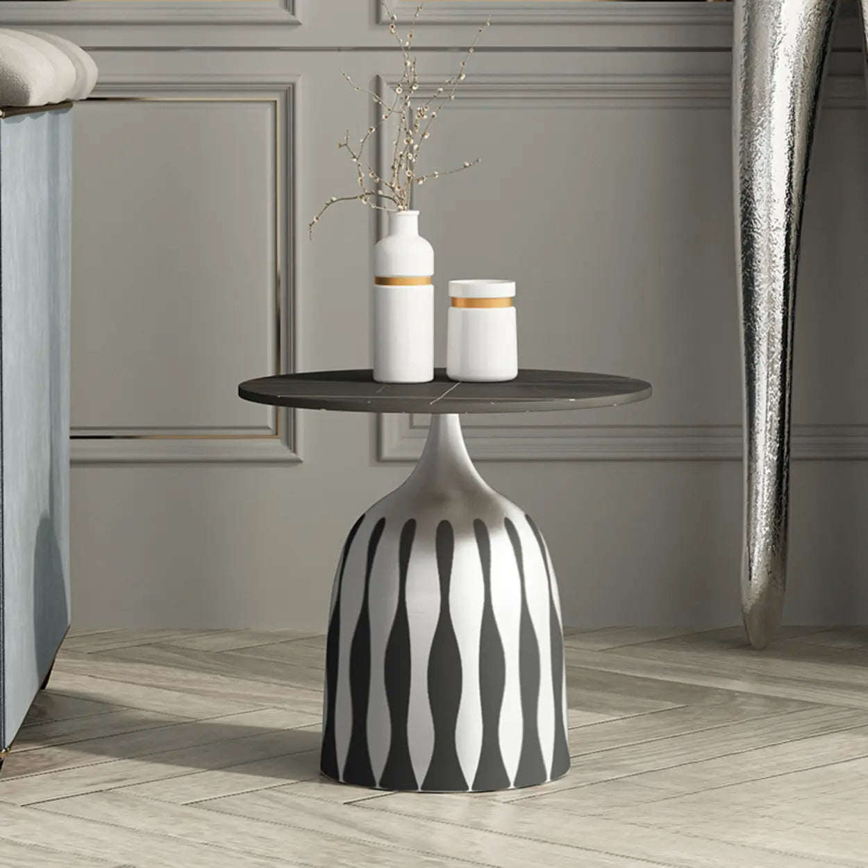 Glam Art Deco Patterned Metal Pedestal Round Side Table Image - 8