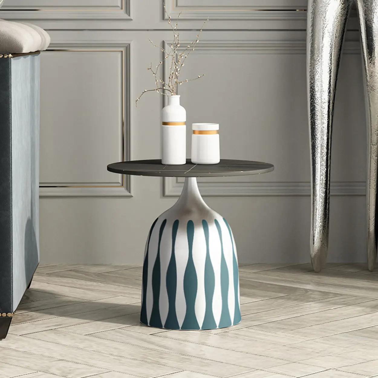 Glam Art Deco Patterned Metal Pedestal Round Side Table Image - 9