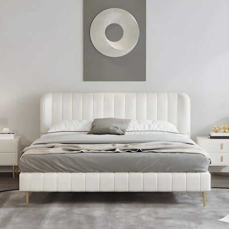 Glam Beige King Genuine Leather Wingback Low Bed Frame Image - 1