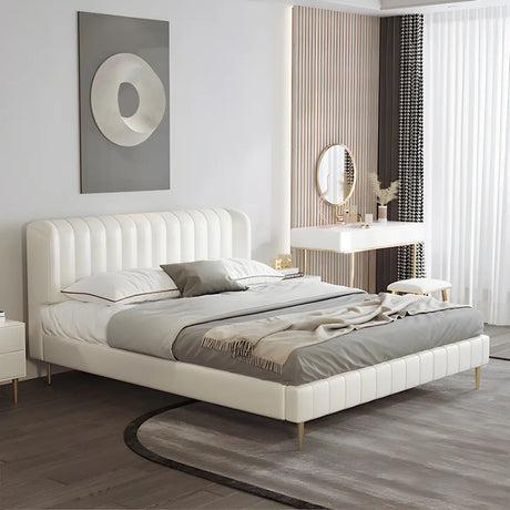 Glam Beige King Genuine Leather Wingback Low Bed Frame Image - 2