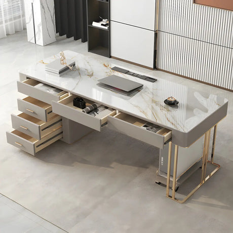 Glam Beige Stone Metal Base Writing Desk with Drawers Image - 1