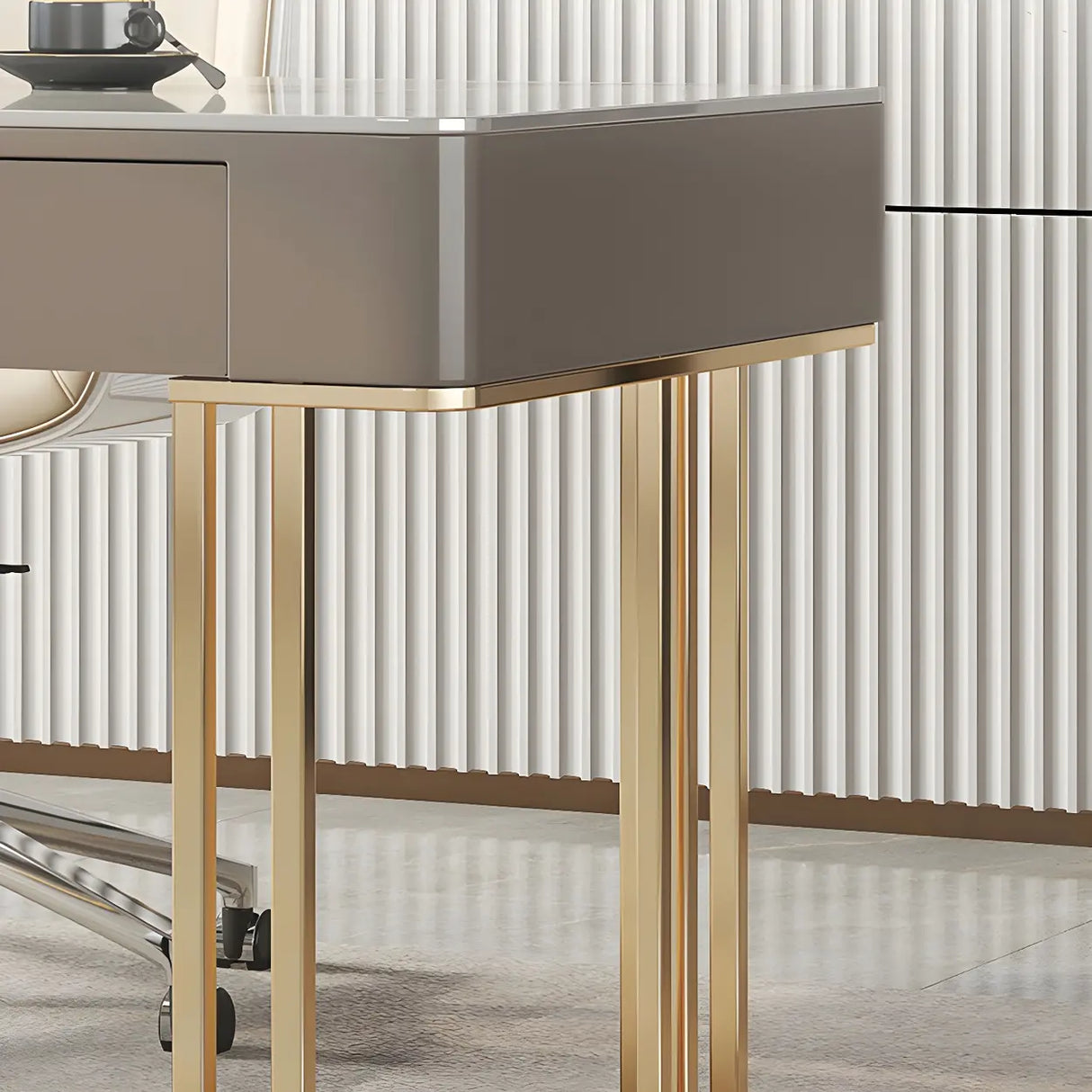 Glam Beige Stone Metal Base Writing Desk with Drawers Image - 10