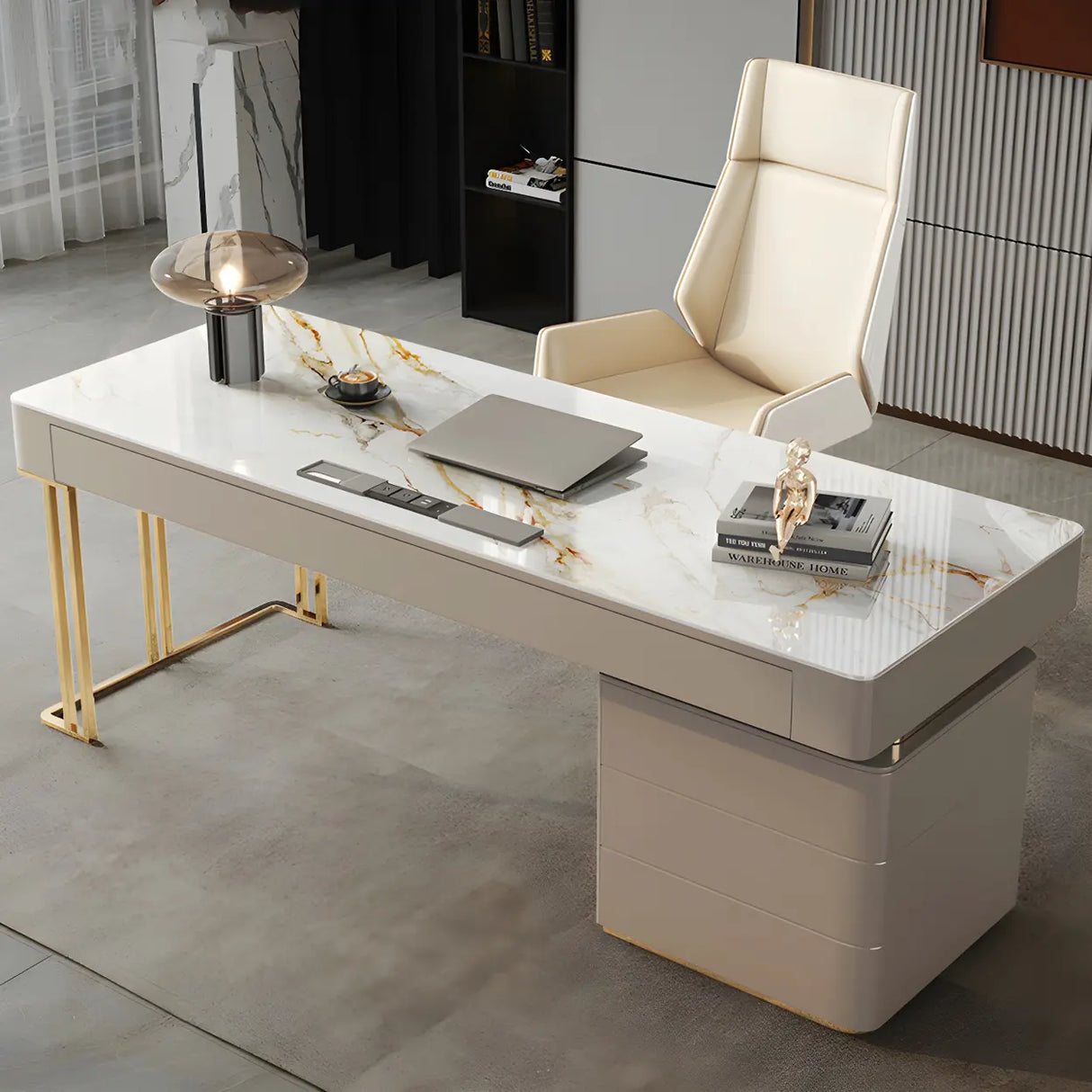 Glam Beige Stone Metal Base Writing Desk with Drawers Image - 11