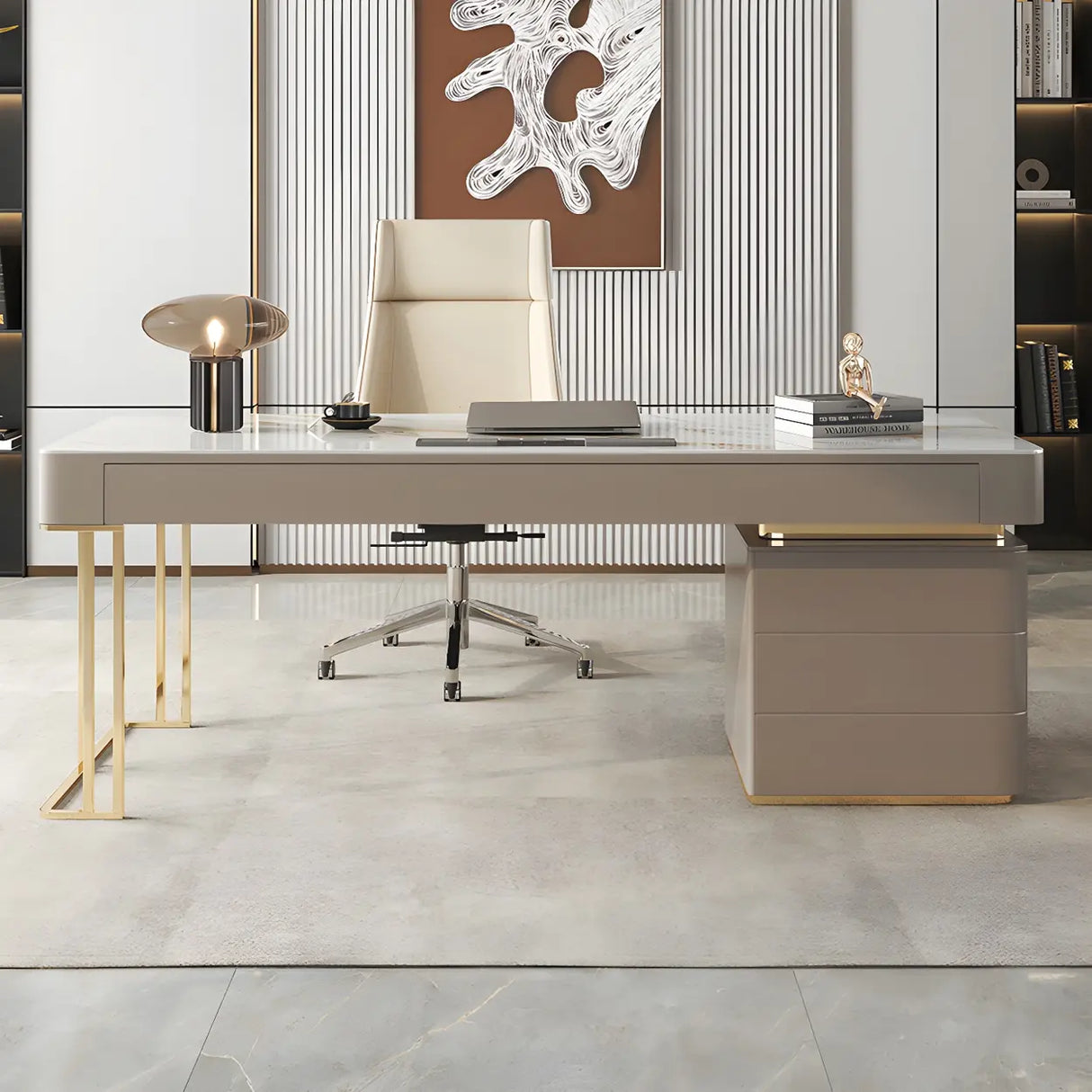 Glam Beige Stone Metal Base Writing Desk with Drawers Image - 12