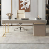 Glam Beige Stone Metal Base Writing Desk with Drawers Image - 12