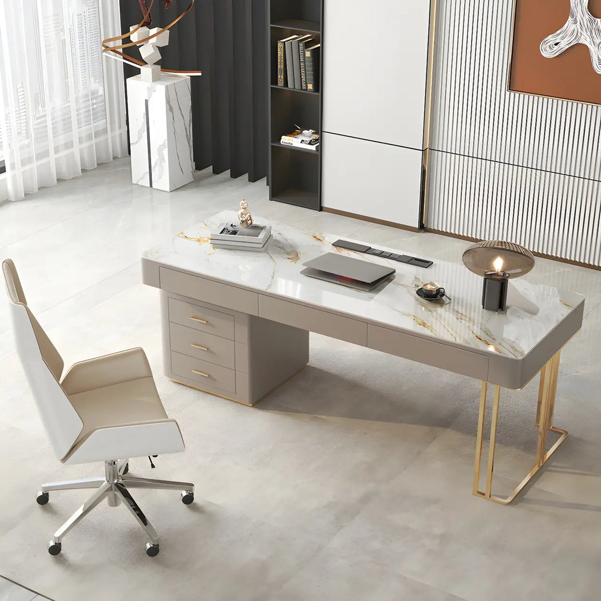 Glam Beige Stone Metal Base Writing Desk with Drawers Image - 13