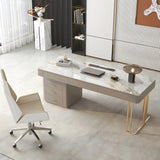 Glam Beige Stone Metal Base Writing Desk with Drawers Image - 13