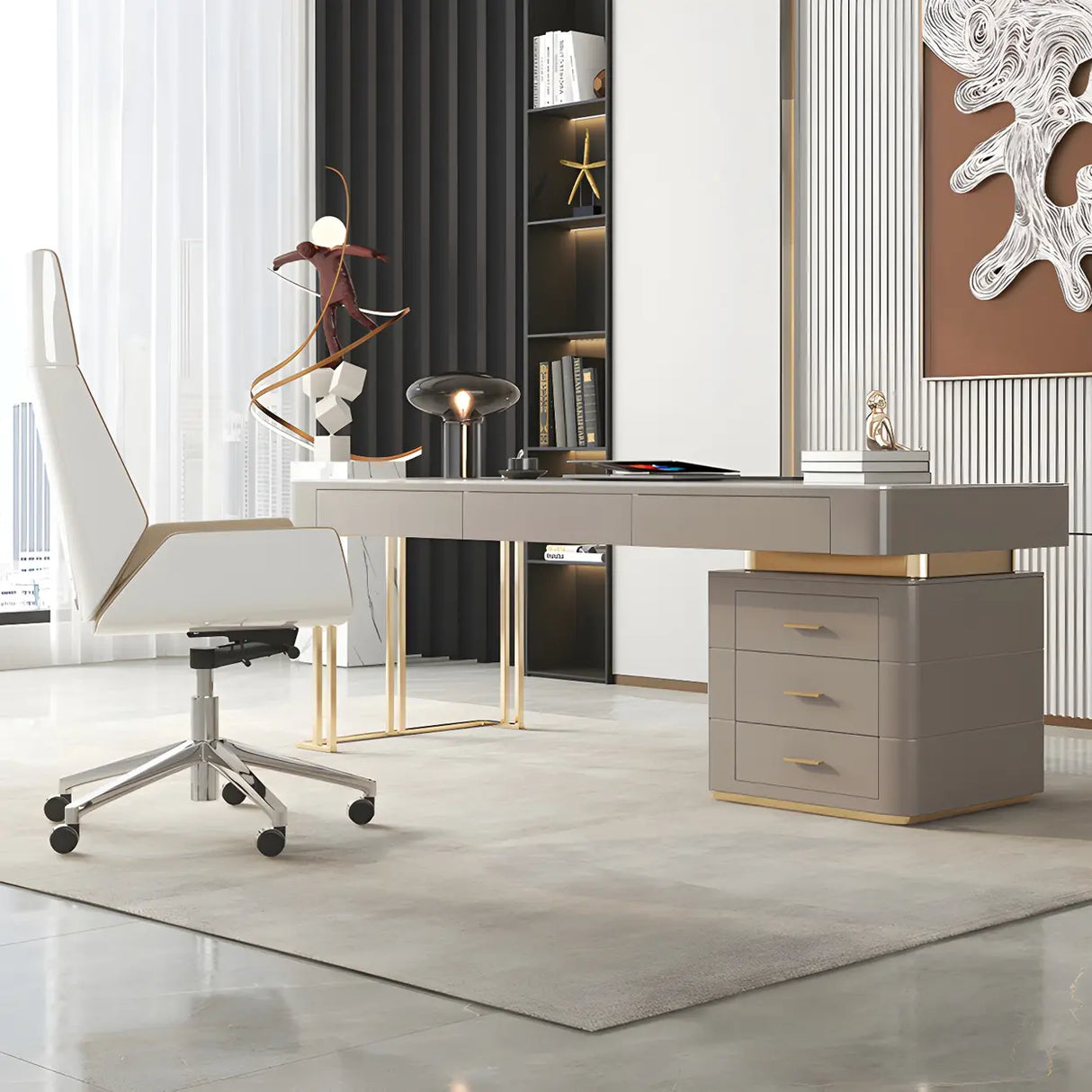 Glam Beige Stone Metal Base Writing Desk with Drawers Image - 14