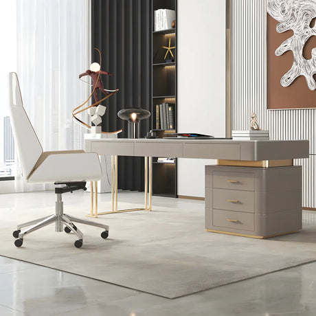 Glam Beige Stone Metal Base Writing Desk with Drawers Image - 14