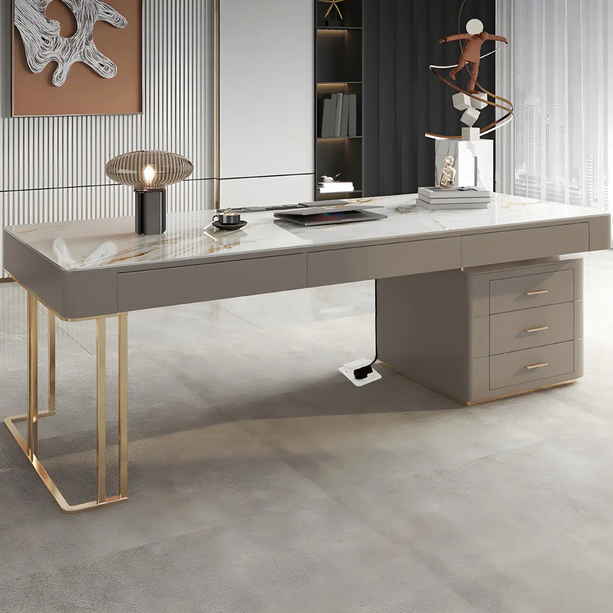 Glam Beige Stone Metal Base Writing Desk with Drawers Image - 2