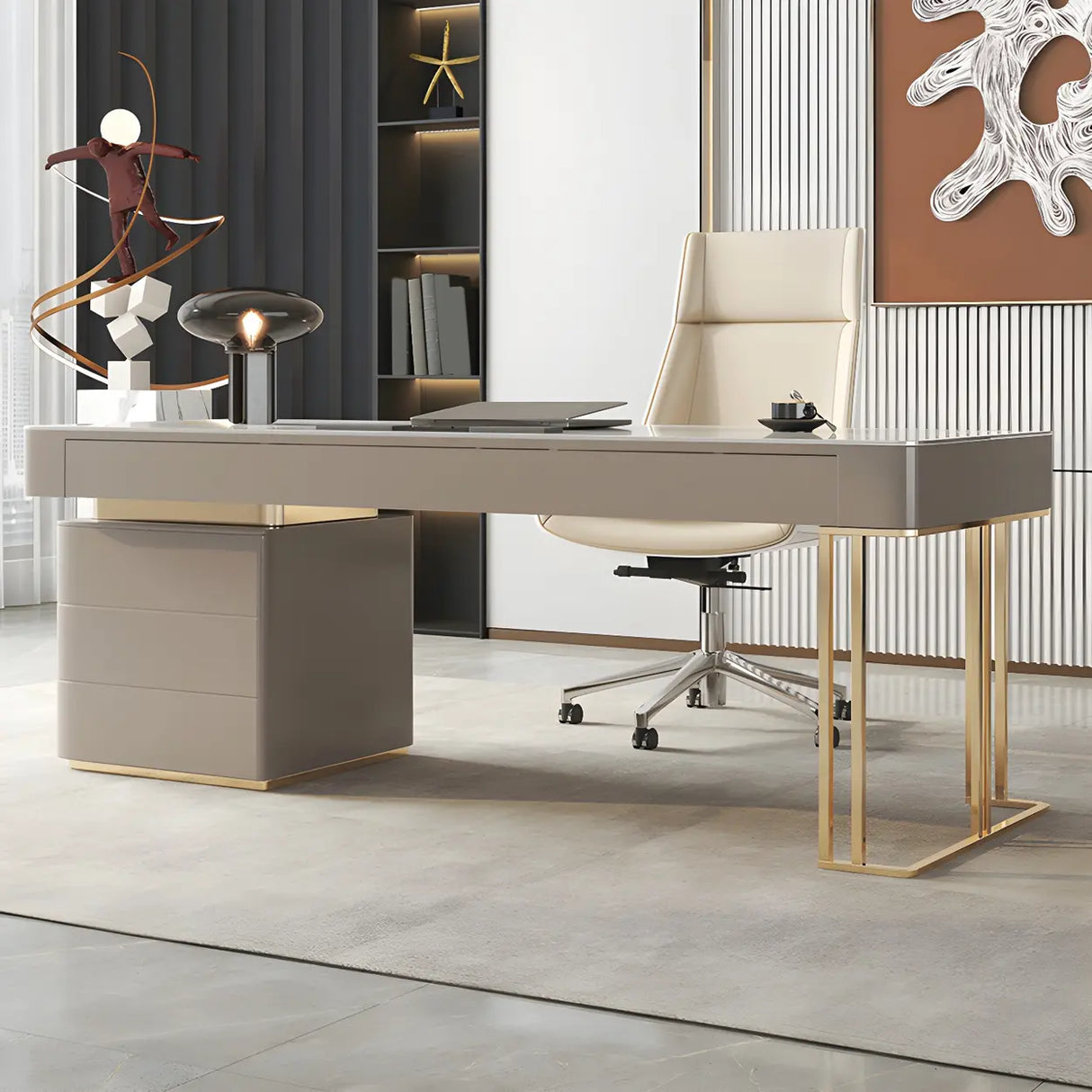 Glam Beige Stone Metal Base Writing Desk with Drawers Image - 3