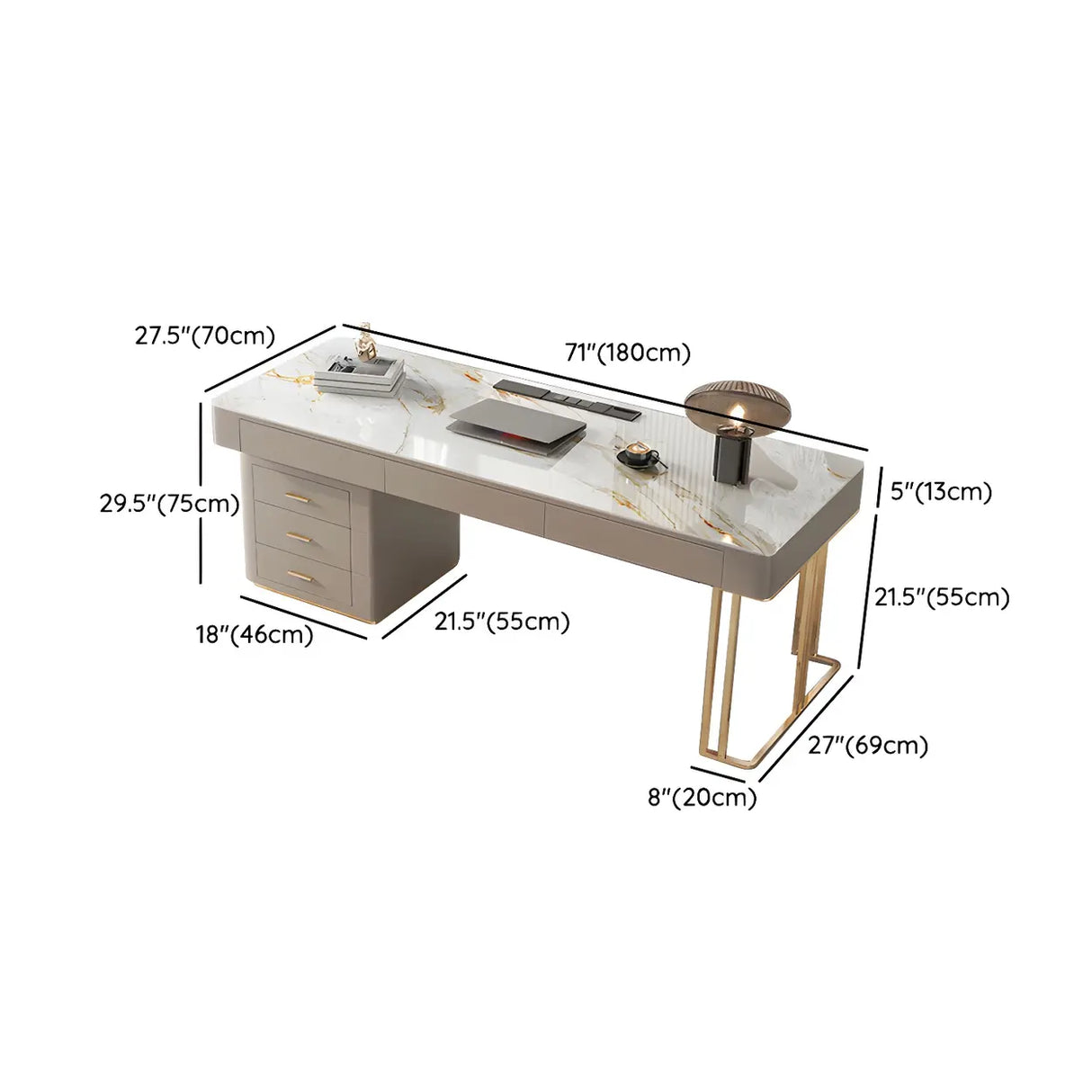 Glam Beige Stone Metal Base Writing Desk with Drawers Image - 16