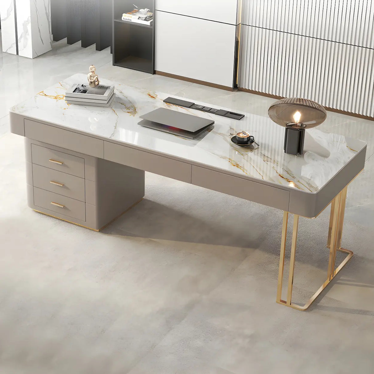 Glam Beige Stone Metal Base Writing Desk with Drawers Image - 4